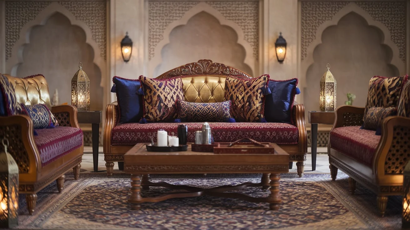 Arabic majlis sofa in Qatar: majlis seating with back cushions in a reception room