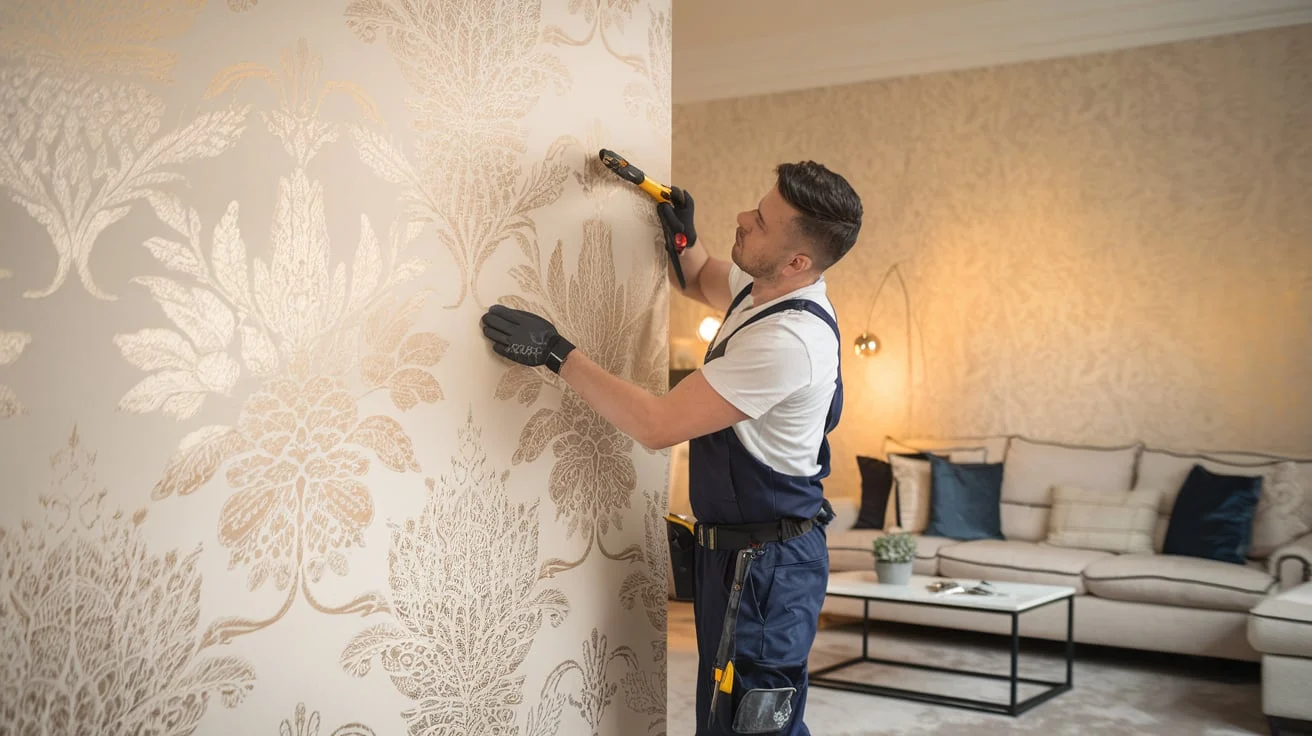 Wallpaper installation Doha: installer hanging patterned wallpaper on a feature wall